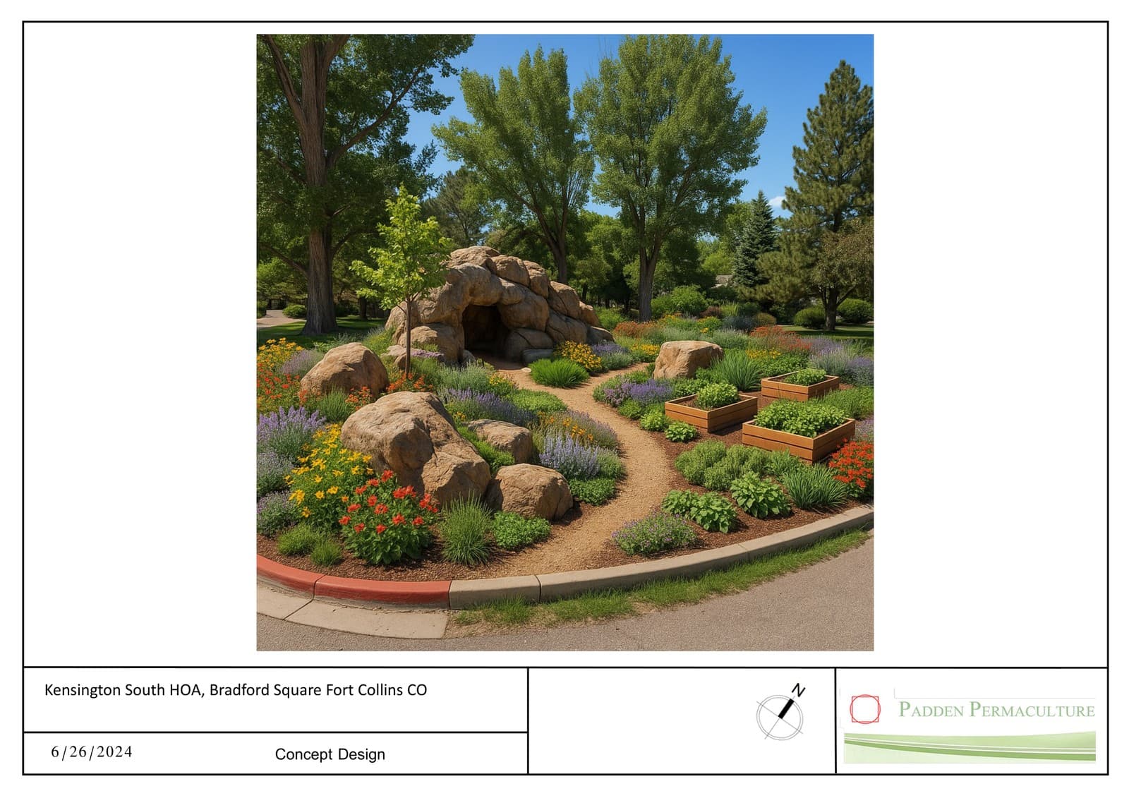 Boulder grotto feature surrounded by pollinator plantings